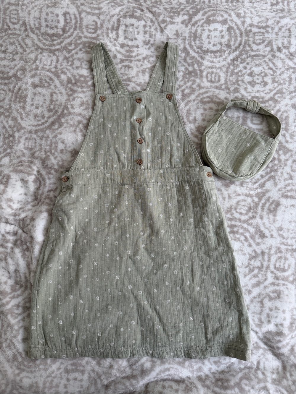 Olive Green Linen-Blend Pinafore Dress with Matching Headband